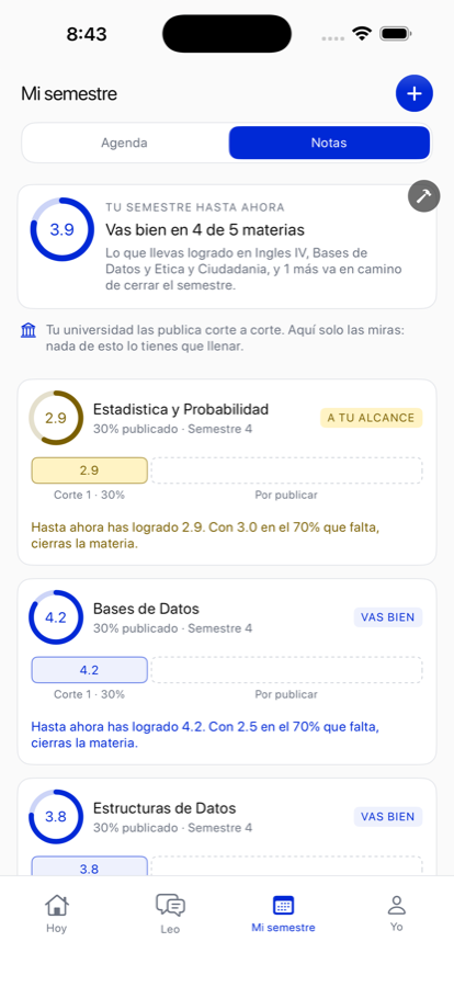 Pantalla de notas: cómo vas materia por materia